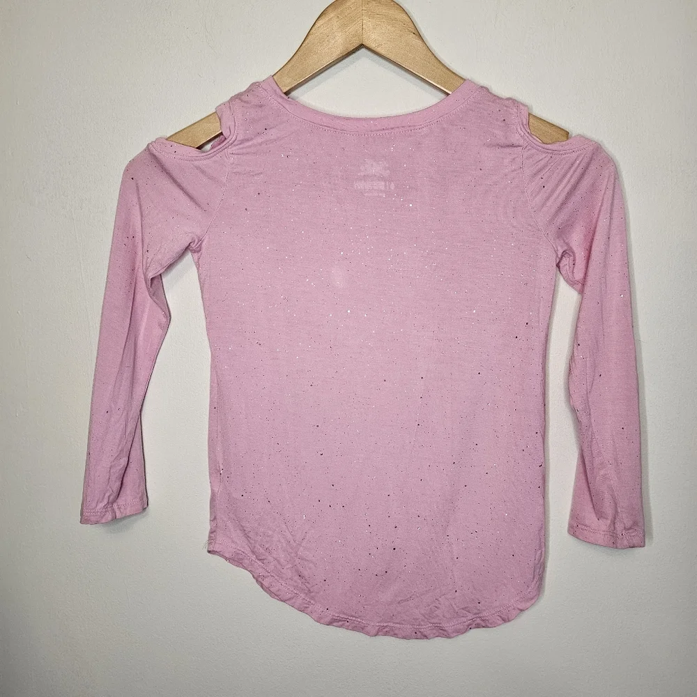 Justice Girls Pink Cold Shoulder Long Sleeve Top Size 6 Glitter Sparkle Graphic